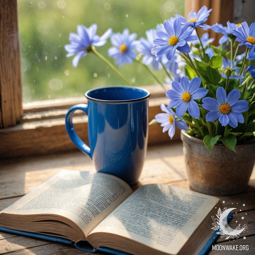 Синяя книга лежит на деревянном подоконнике, рядом синяя кружка с цветами в солнечных лучах.