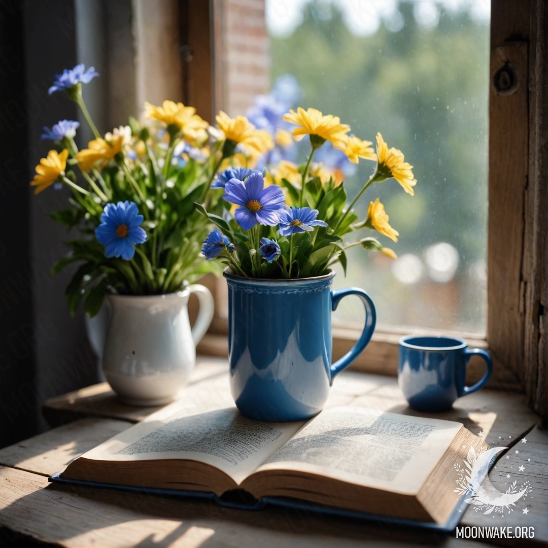 Синяя книга на деревянном подоконнике с синей кружкой, наполненной цветами.