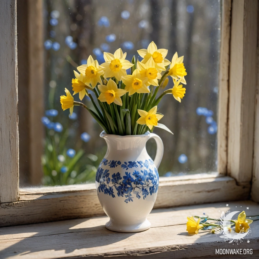 Старая потёртая синяя дверь с букетом маков на ручке, окружённая густым туманом.