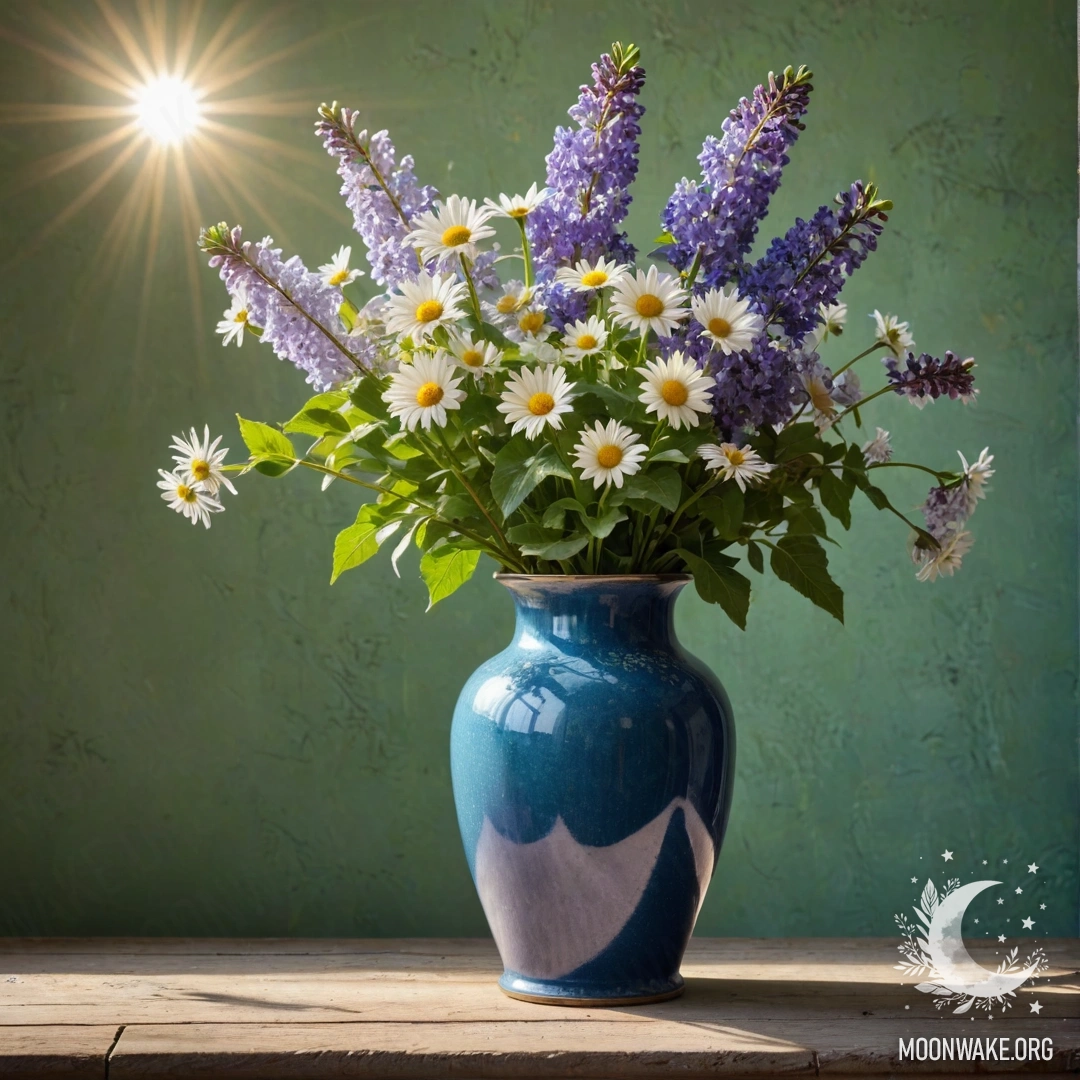 Старая синяя металлическая ваза с ромашками и сиренью на фоне зеленоватой стены, освещенной солнечными лучами.