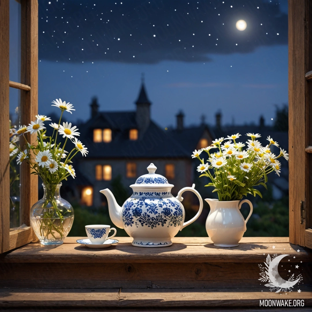 Старая синяя металлическая ваза с ромашками и сиренью на фоне зеленой стены, освещенная гирляндой.