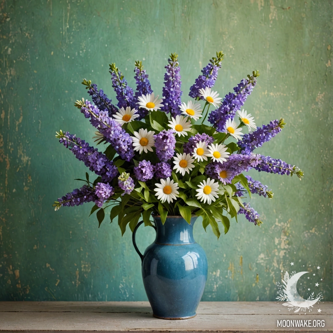 Потертая голубая ваза, наполненная ромашками и сиренью, на фоне зеленой стены с гирляндами света.