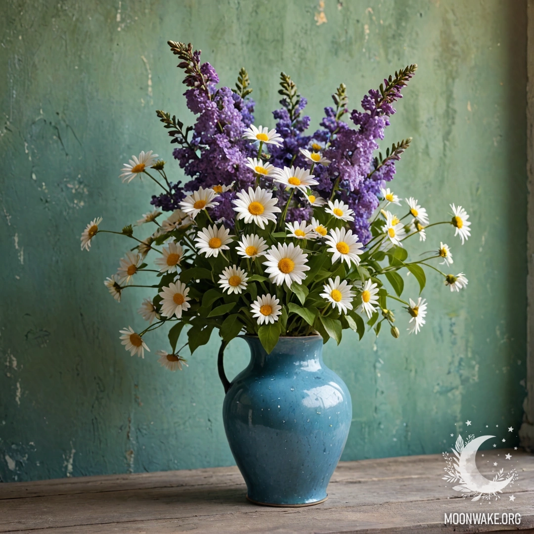 Потрепанная голубая металлическая ваза, наполненная ромашками и сиренями, на фоне зеленоватой стены при закате.