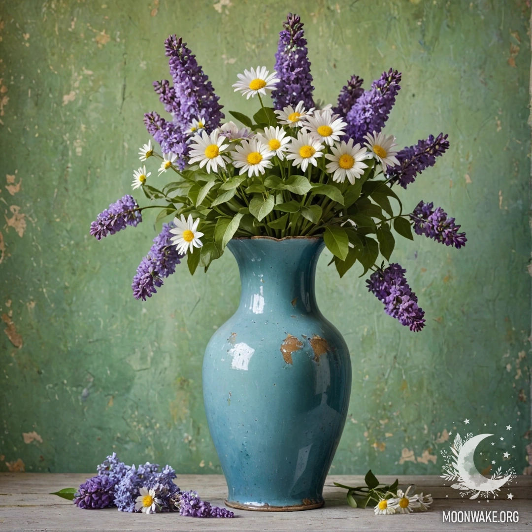 Потёртая синяя металлическая ваза с ромашками и сиренью на фоне зеленоватой стены.