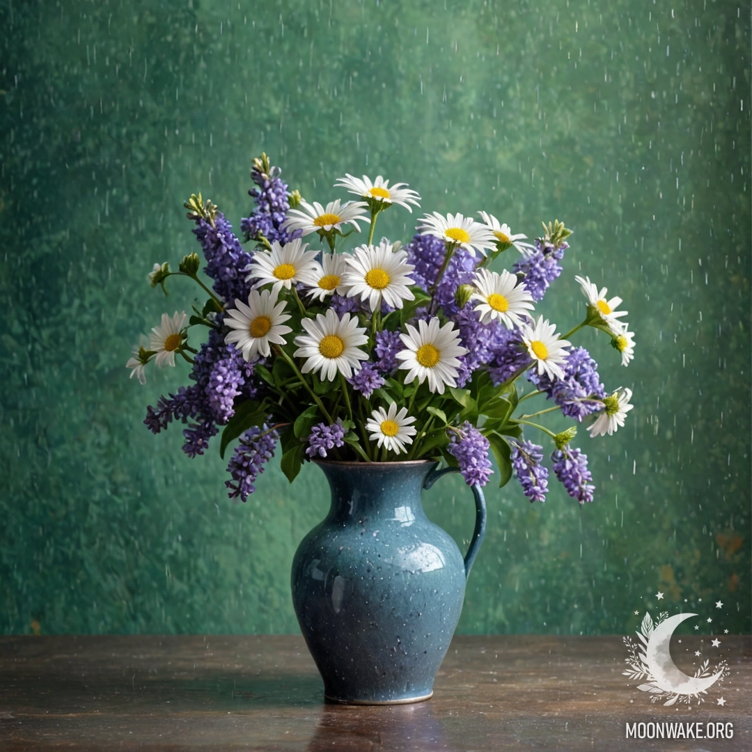 Старая синяя металлическая ваза с ромашками и сиренью на фоне зеленоватой стены под дождем.