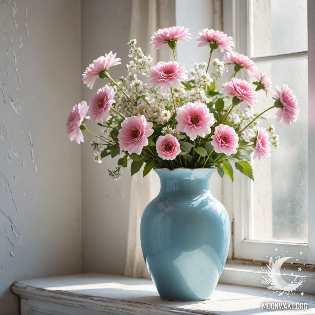 Потертая металлическая ваза пастельного голубого цвета с белыми и розовыми цветами на фоне слегка потертой белой стены, залитая мягкими солнечными лучами.