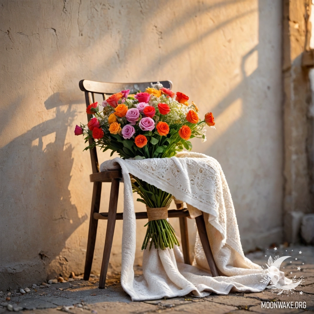 Букет цветов, лежащий на уютном пледе, накрывающем кресло на фоне обшарпанной стены на закате.