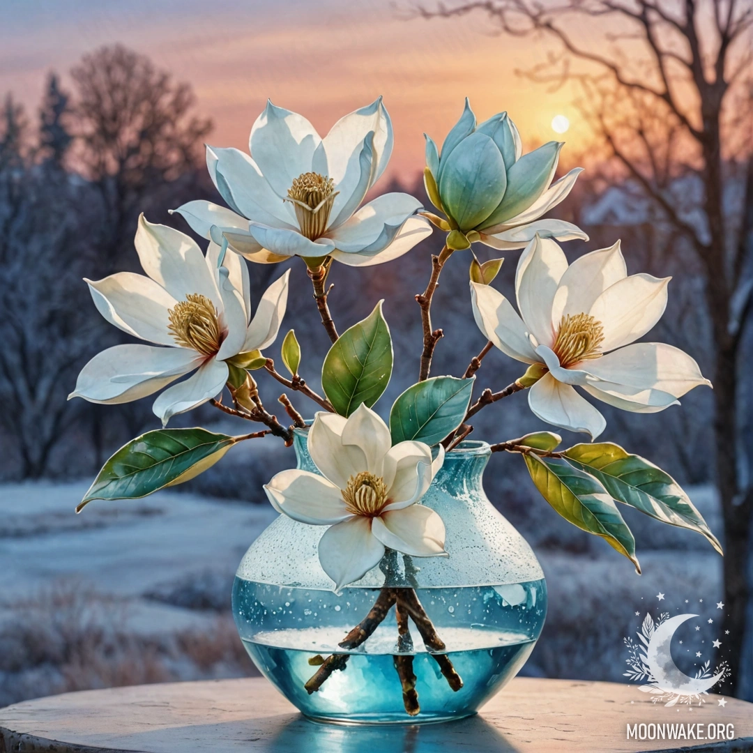 Красивая композиция из лилий, покрытых инеем, на фоне заката мятного цвета.