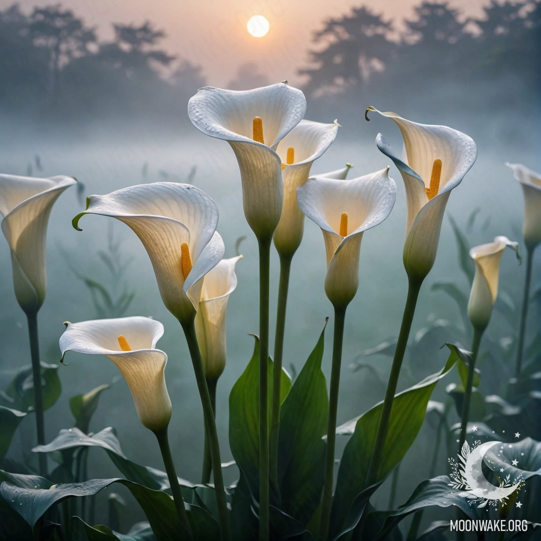Лилии в голубых тонах, окруженные туманом на закате.