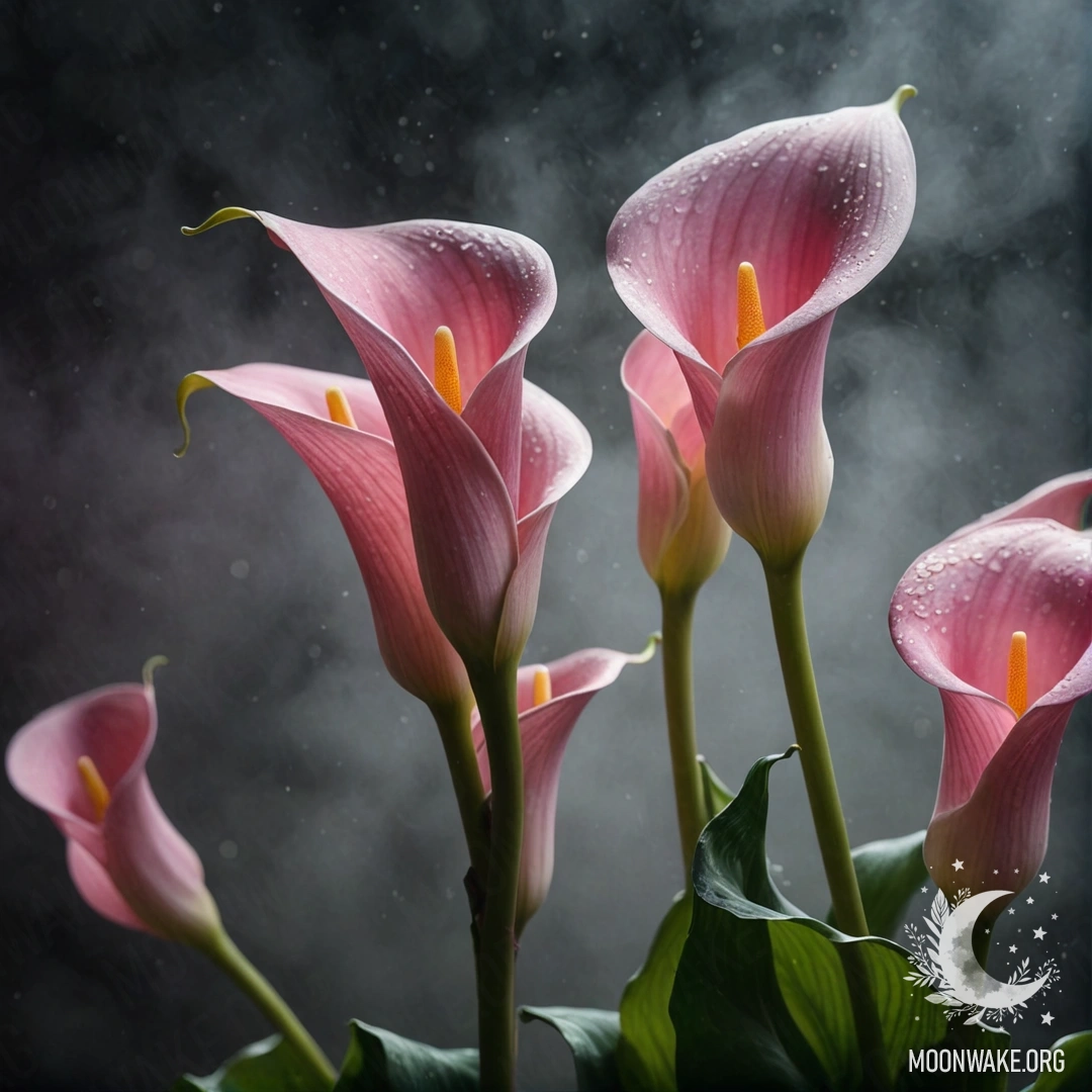 Спокойная сцена с розовыми лилиями, окруженными туманом, ночью.