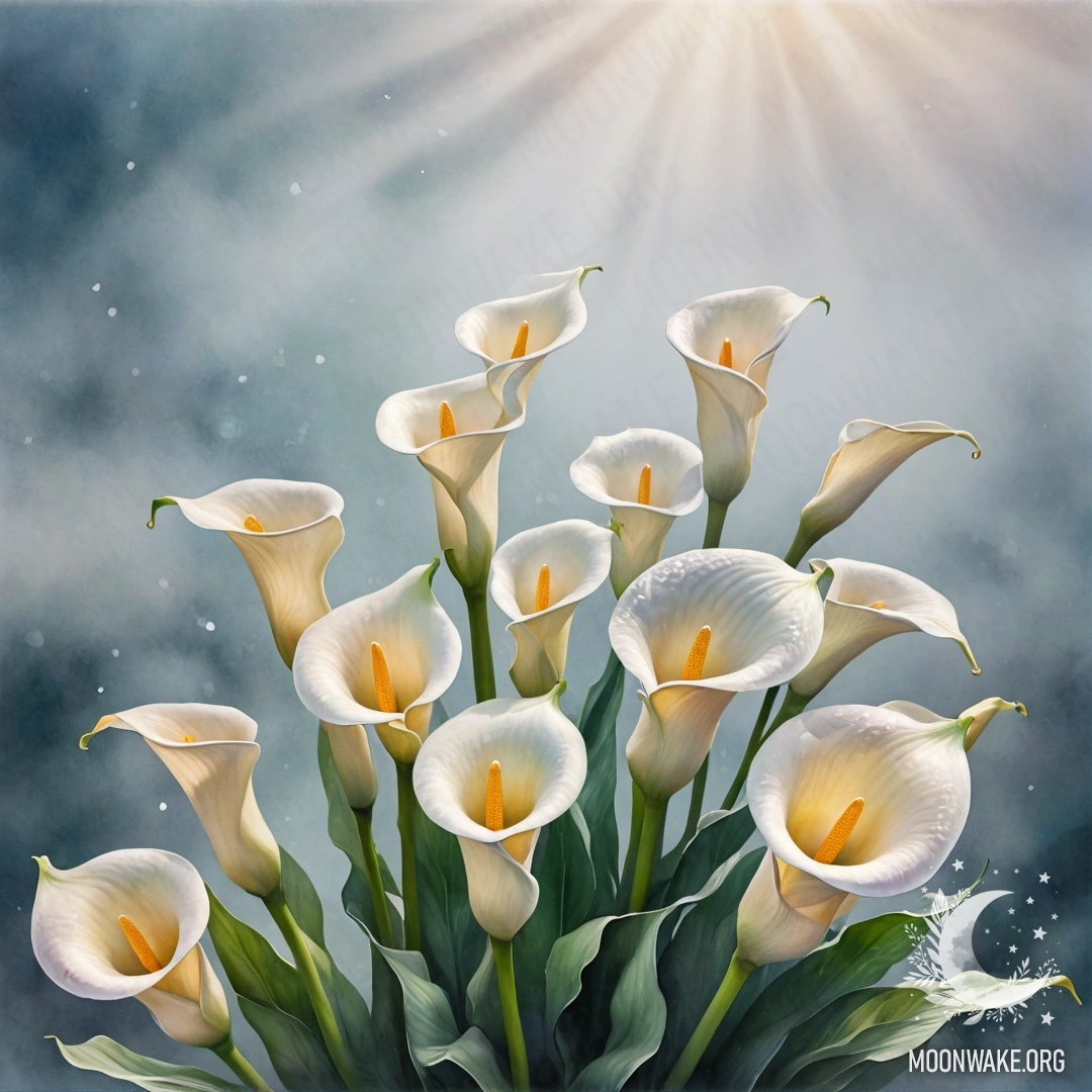 Букет лилий в тумане, освещенный солнечными лучами, в цветах морской волны.