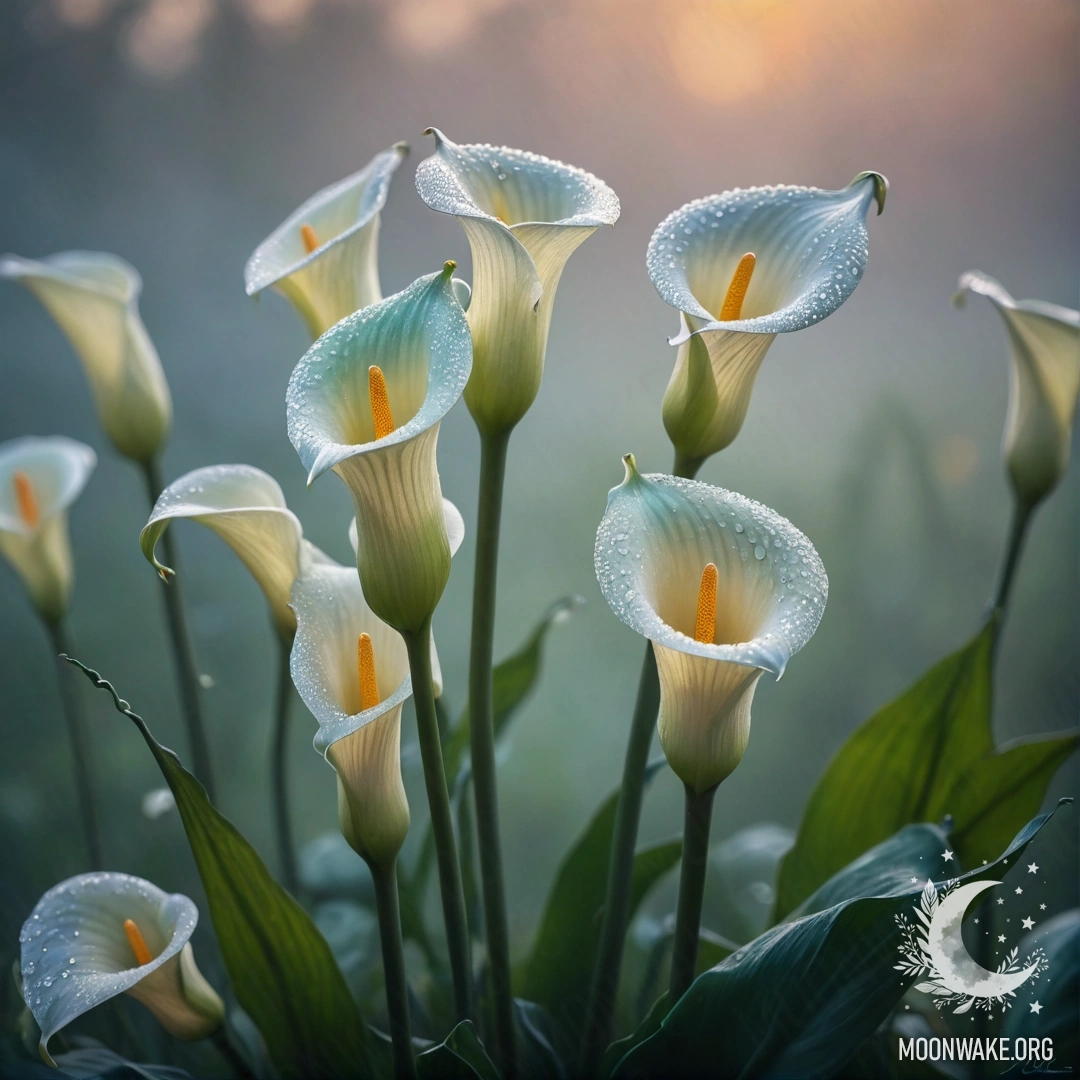 Умиротворяющий образ зеленовато-голубых лилий, окутанных туманом на закате, украшенных стразами.