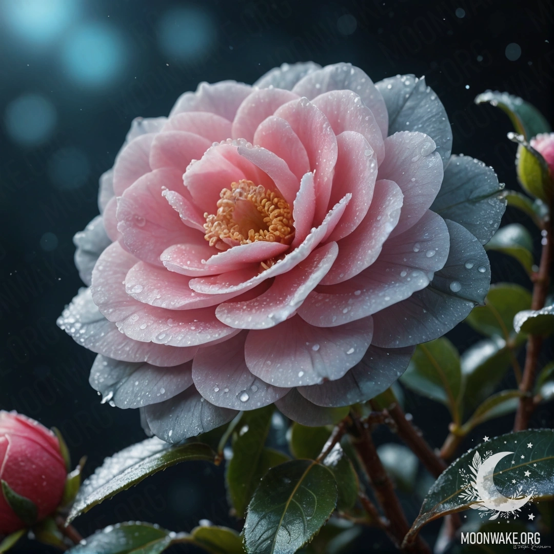 Букет камелий на морозной ночи, отображающий нежные оттенки морской волны.