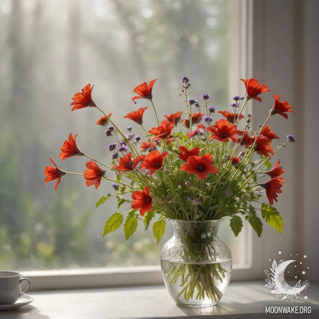 Золотая ваза с романтирческой камелией, окутанная туманом ночью.