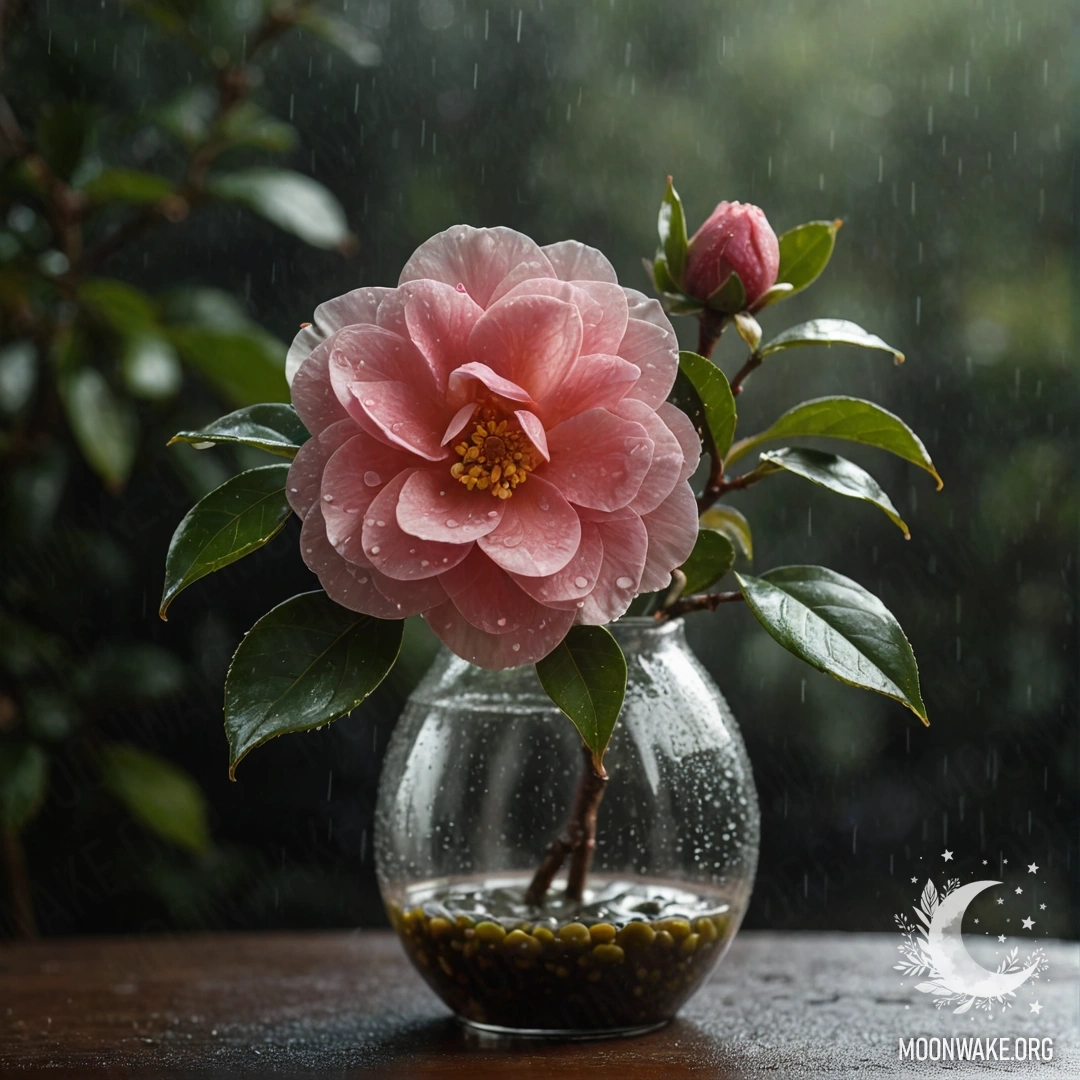 Романтическая камелия в оливковой вазе, окутанная туманом и дождем ночью.