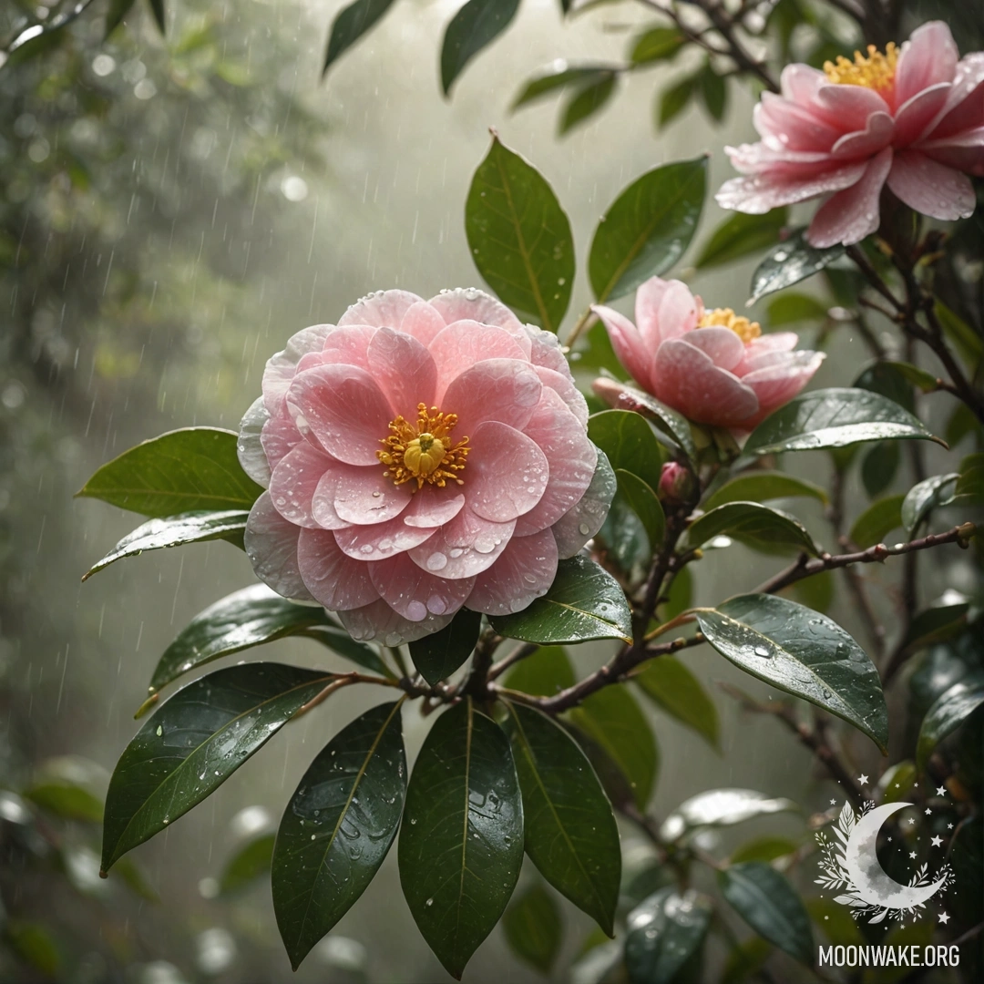 Букет оливковых камелий, окруженный туманом и дождём.