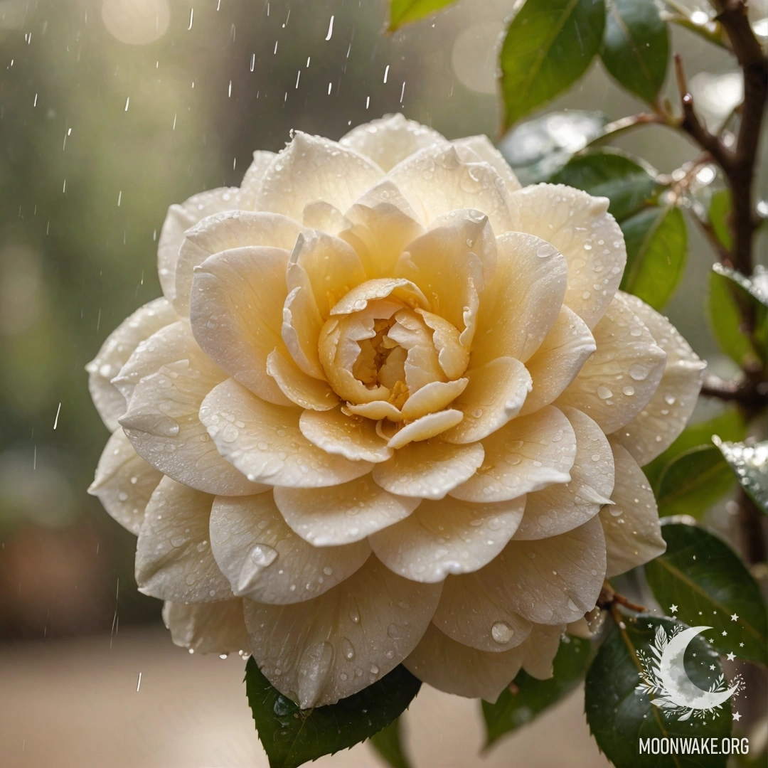 Кремово-желтая камелия, цветущая под нежным дождем с блестящими лучами солнца.