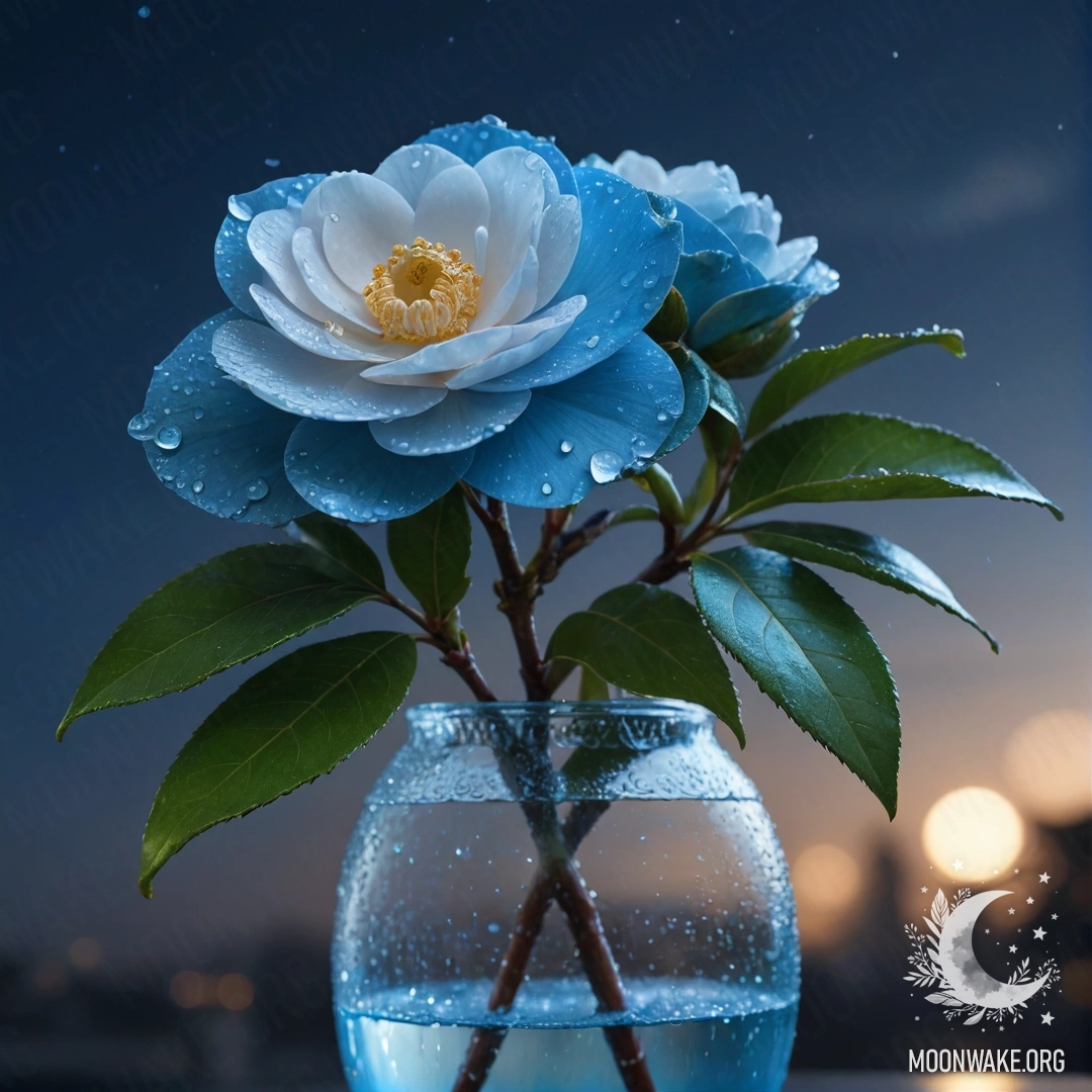 В небесно-голубой вазе расположена романтическая камелия, украшенная росинками в ночное время.