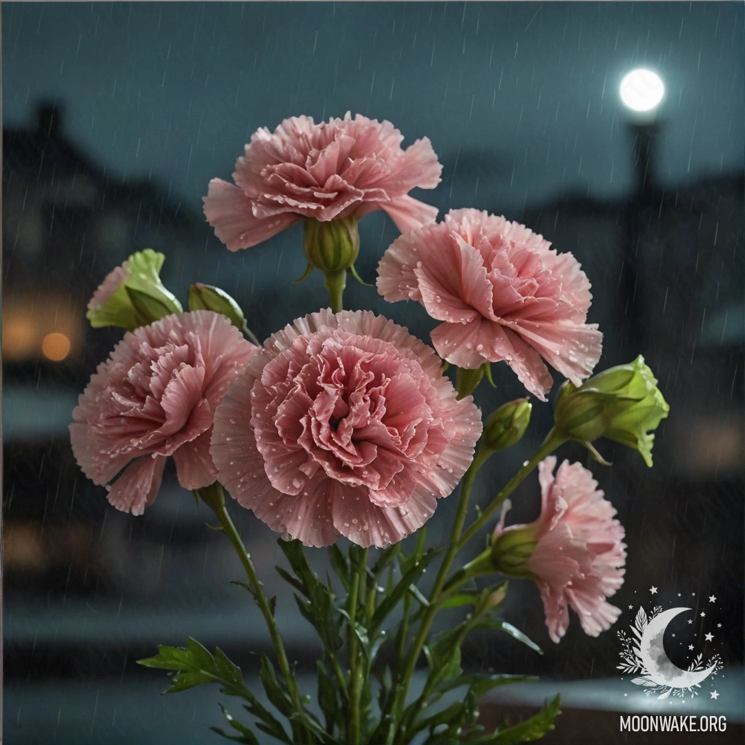 Букет гвоздик лимонного цвета, промокший под дождем ночью.