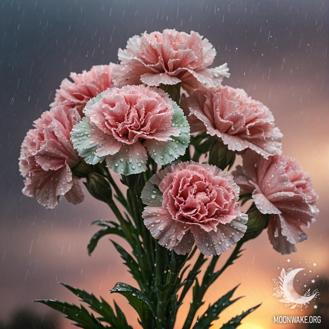 Букет мятных гвоздик под дождем на закате.