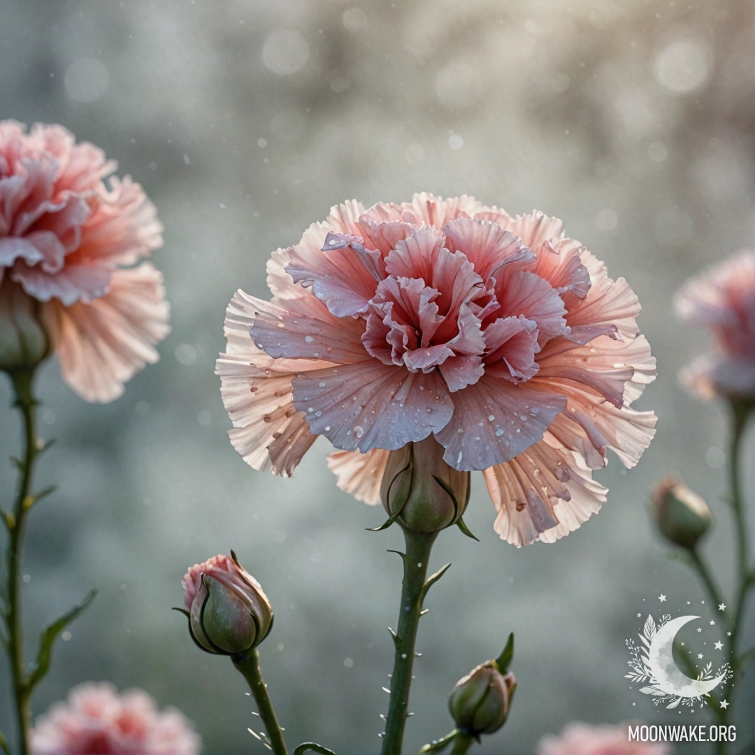 Нежная розовая гвоздика, окутанная мягким туманом и сверкающими блестками.