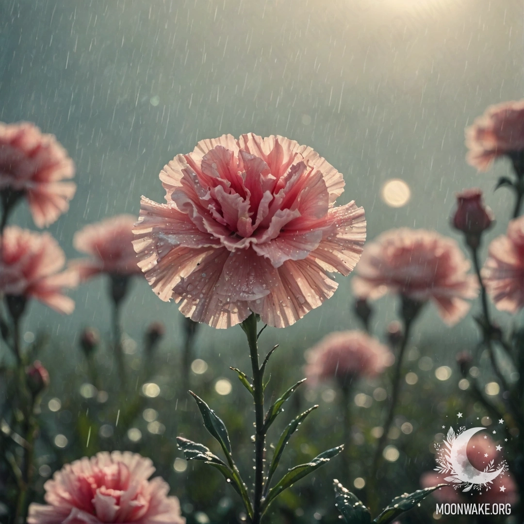 Нежная гвоздика, окружённая туманом и мягким дождём, с солнечными лучами, пробивающимися сквозь облака, и палитрой, вдохновлённой морскими волнами.