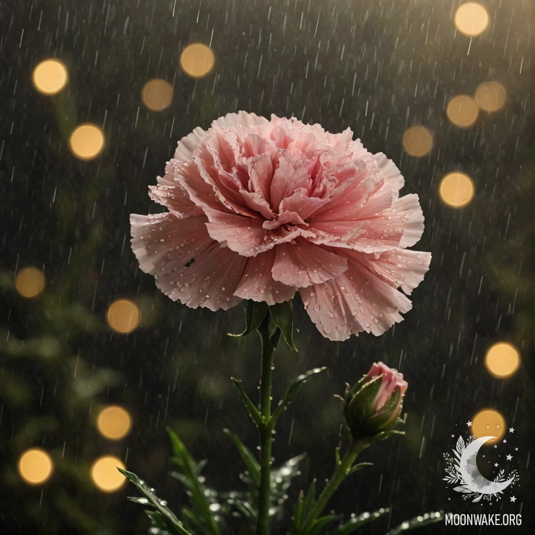 Романтическая гвоздика, окруженная туманом и дождем, в ночное время.