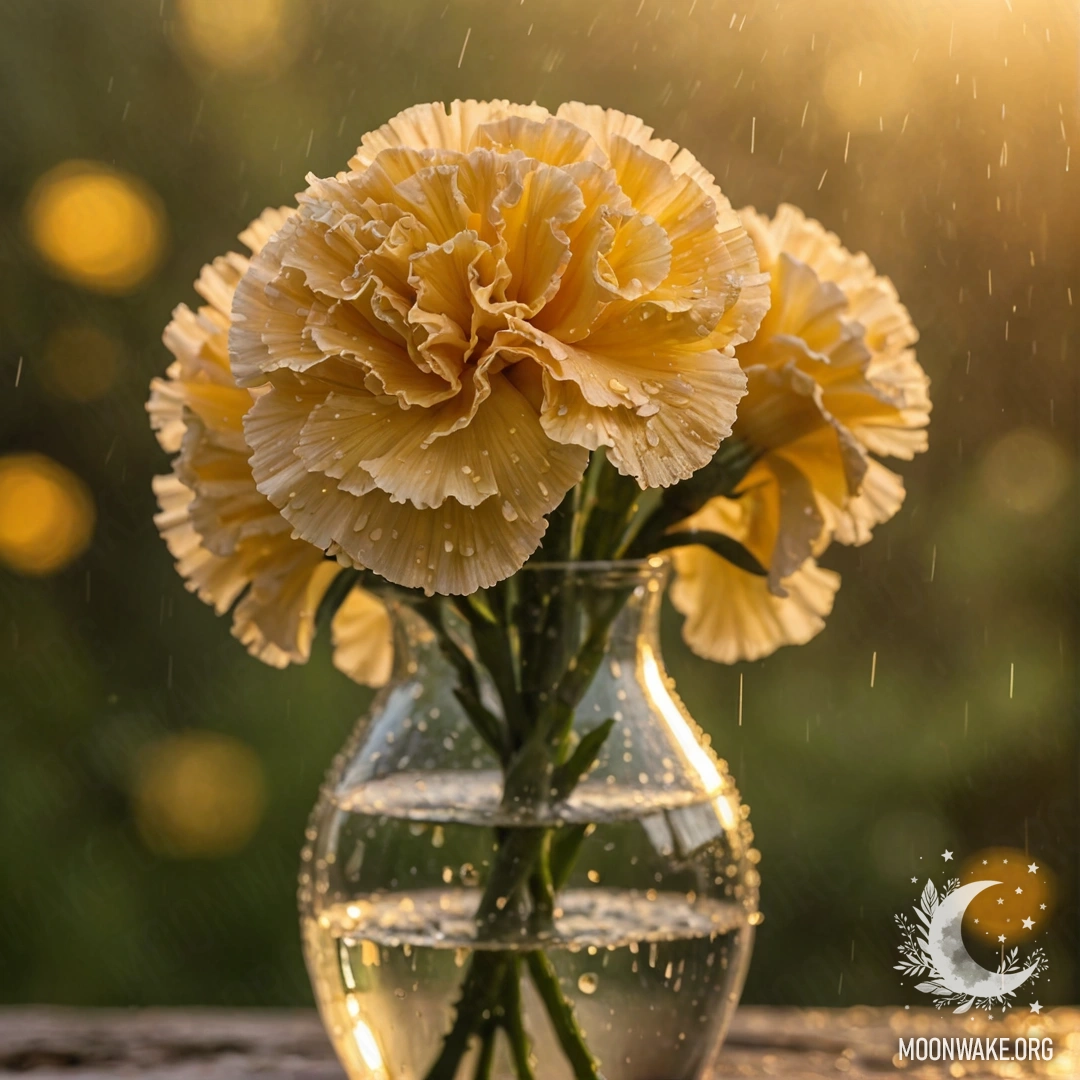 Желтая гвоздика в вазе, промокшая под дождем на закате.