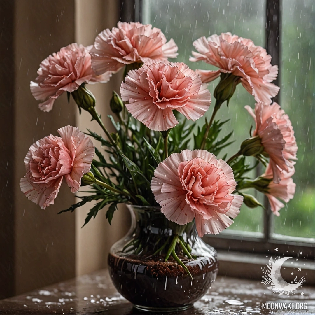 Кофейная ваза с романтичной гвоздикой внутри, вокруг падает дождь.