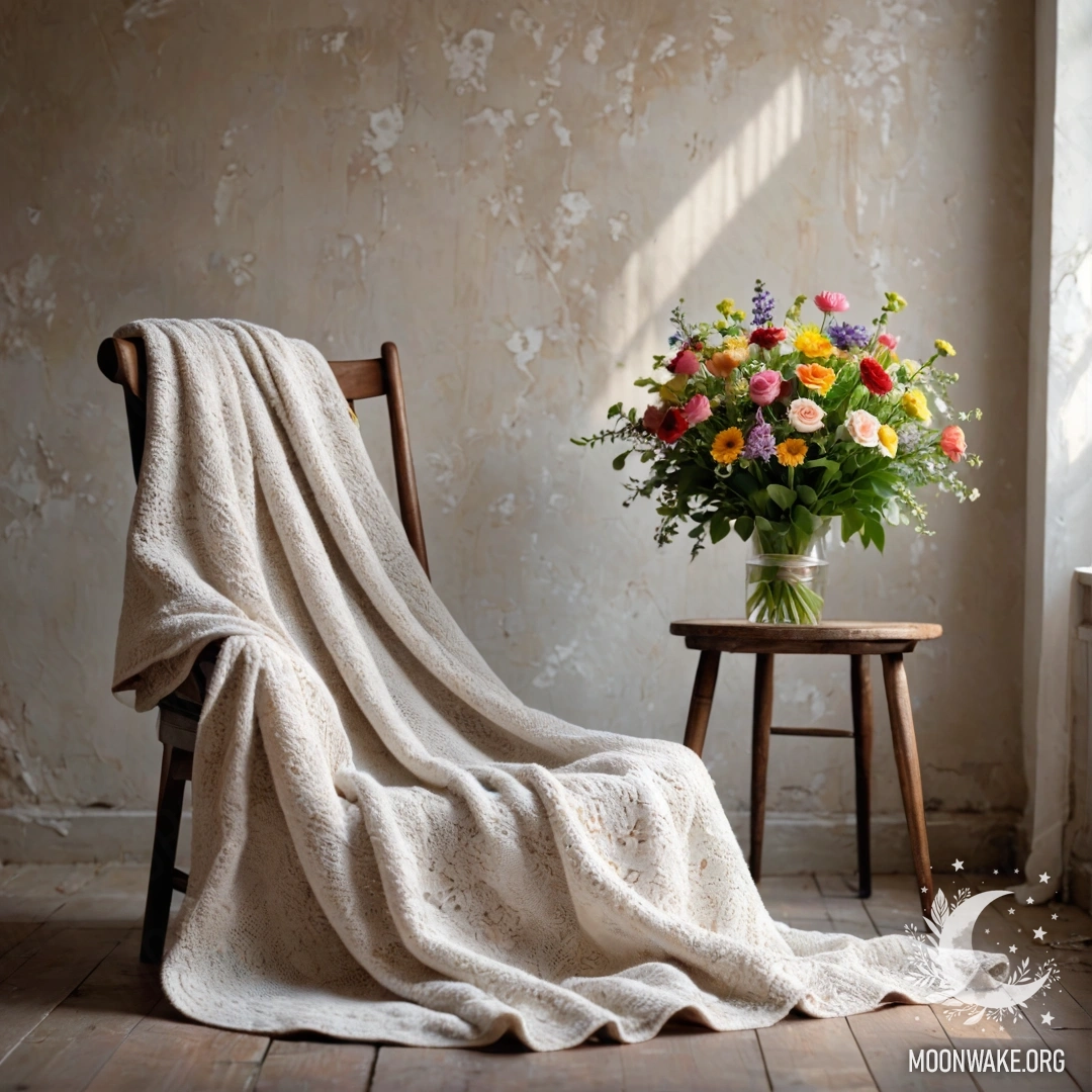 Уютный стул на фоне старой стены, украшенный пледом и букетом цветов.