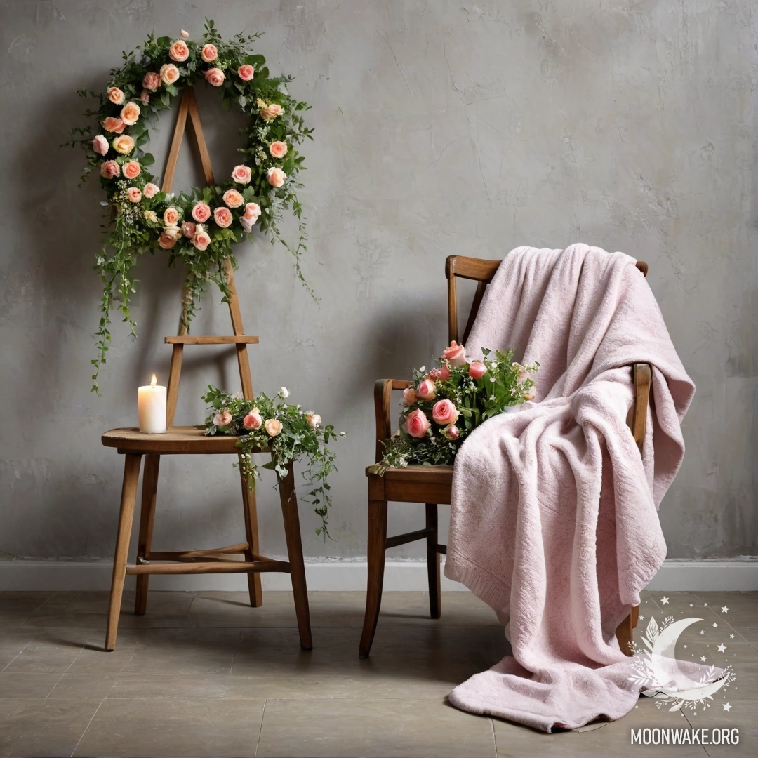 Уютный стул на фоне потертой стены, накрытый пледом и украшенный букетом цветов и мягкими огоньками.