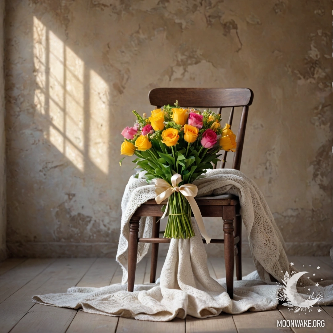 Рустикальный стул, накрытый пледом, украшенный букетом цветов на фоне обшарпанной стены, сквозь которую проникают солнечные лучи.