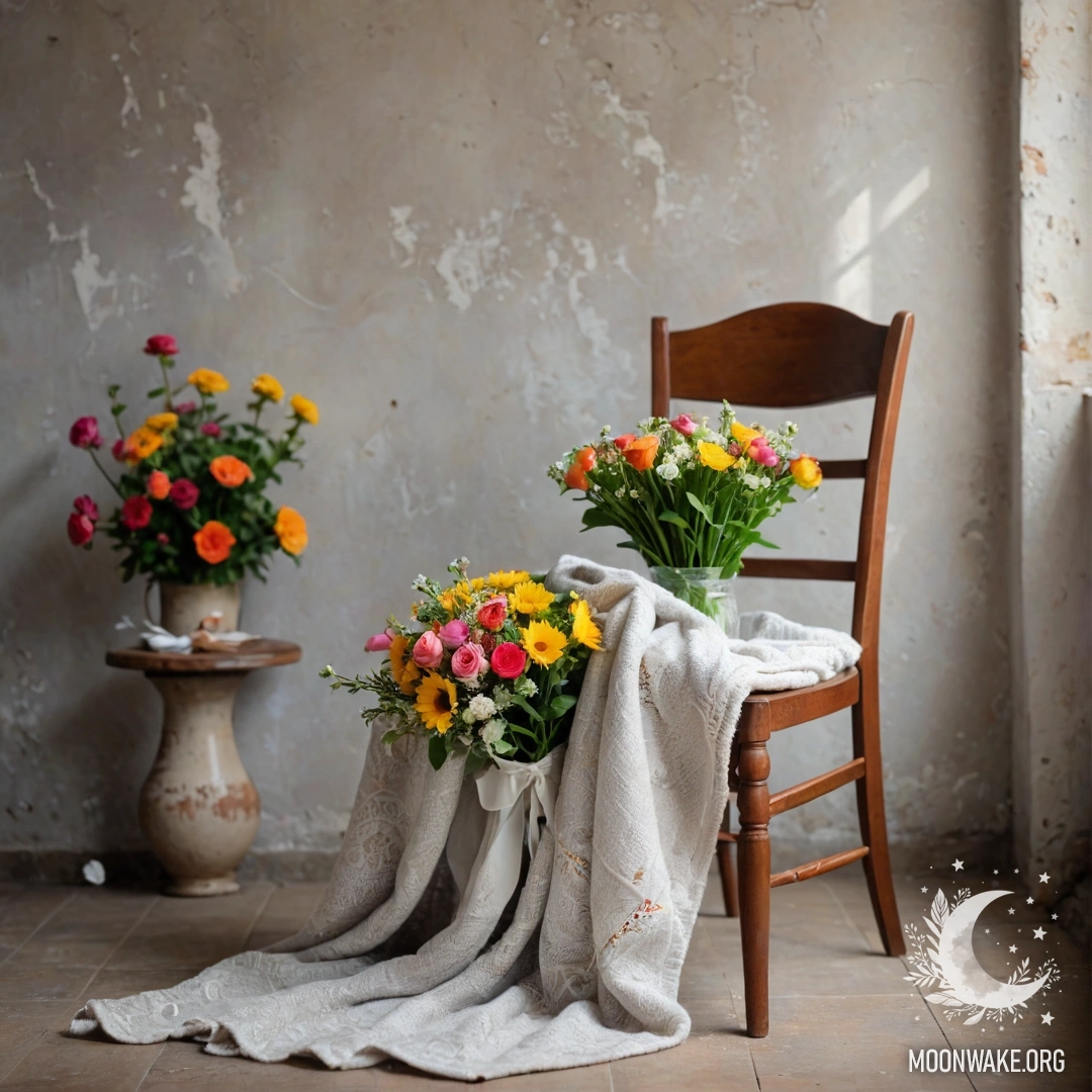 Романтичная сцена с креслом на фоне облезлой стены, на котором лежит плед, а на нем — букет цветов.