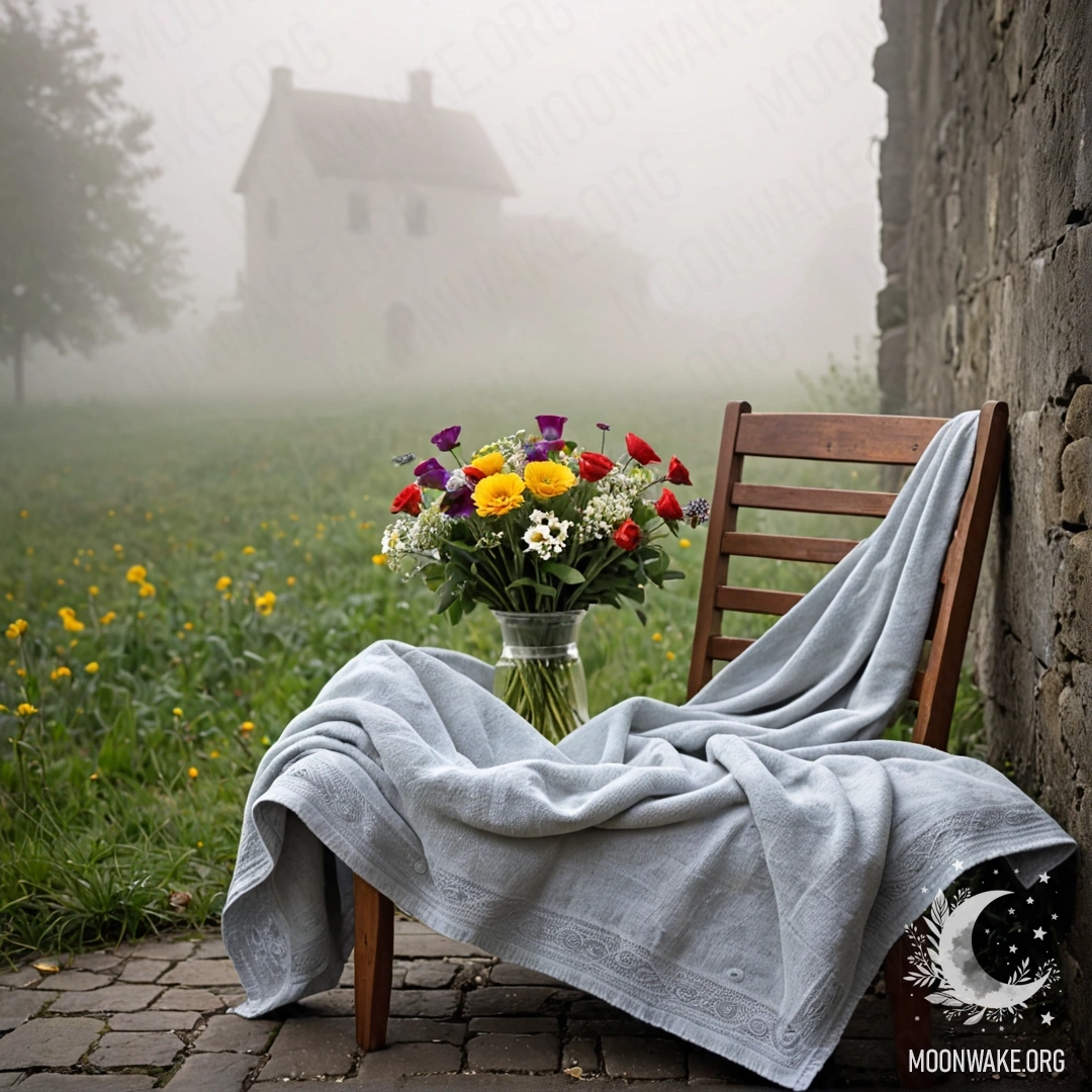 Кресло, украшенное пледом и букетом цветов, стоит на фоне потертой стены в густом тумане.