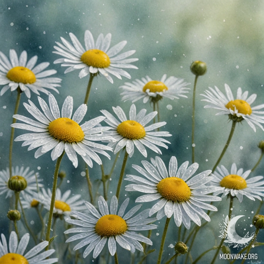 Нежная ромашка на морозном фоне в зеленовато-голубых тонах, выполненная в технике тушевой живописи.