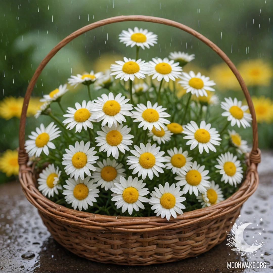 Корзина с желтыми ромашками под дождем.