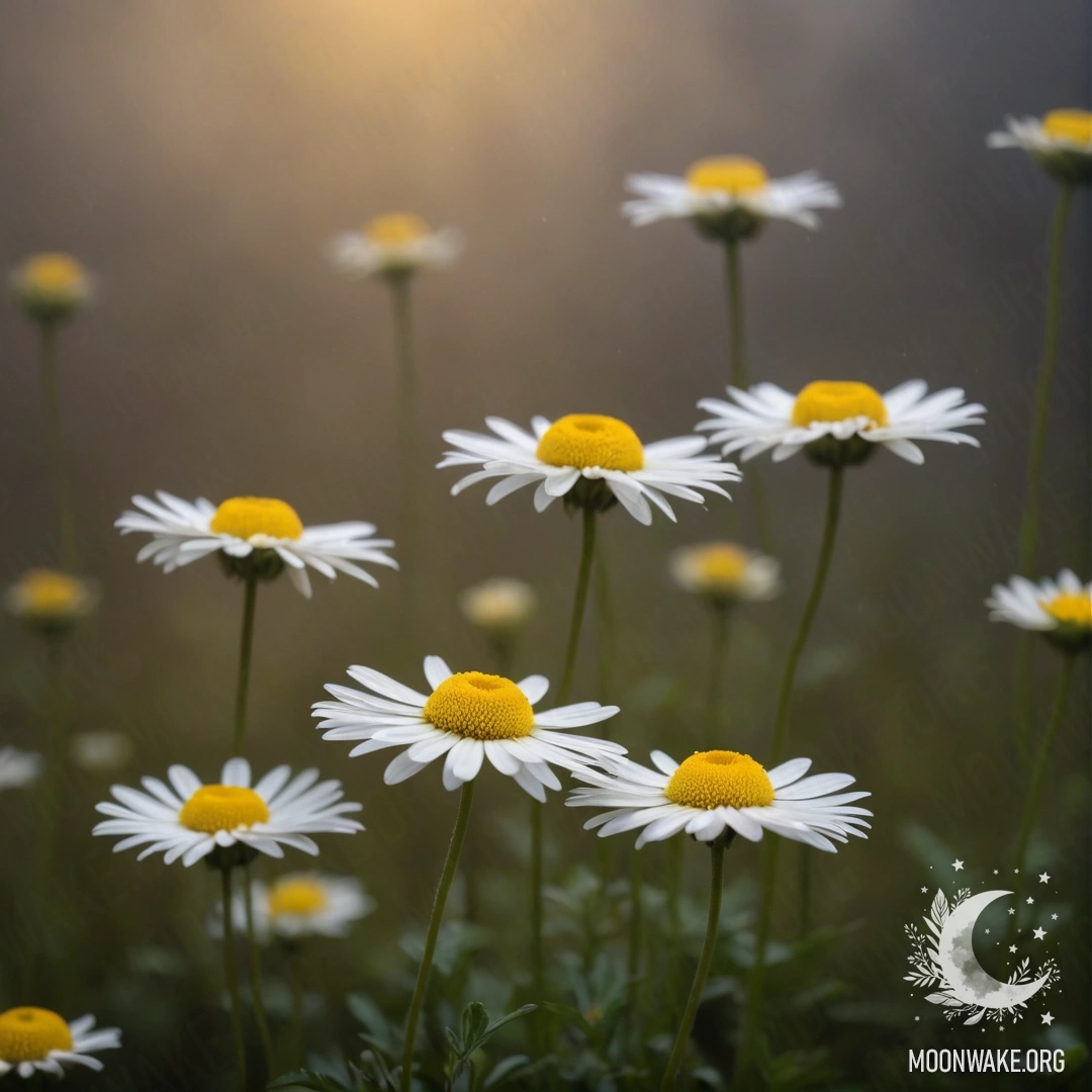 Тонкая ромашка, окутанная туманом на фоне золотистого ночного неба.