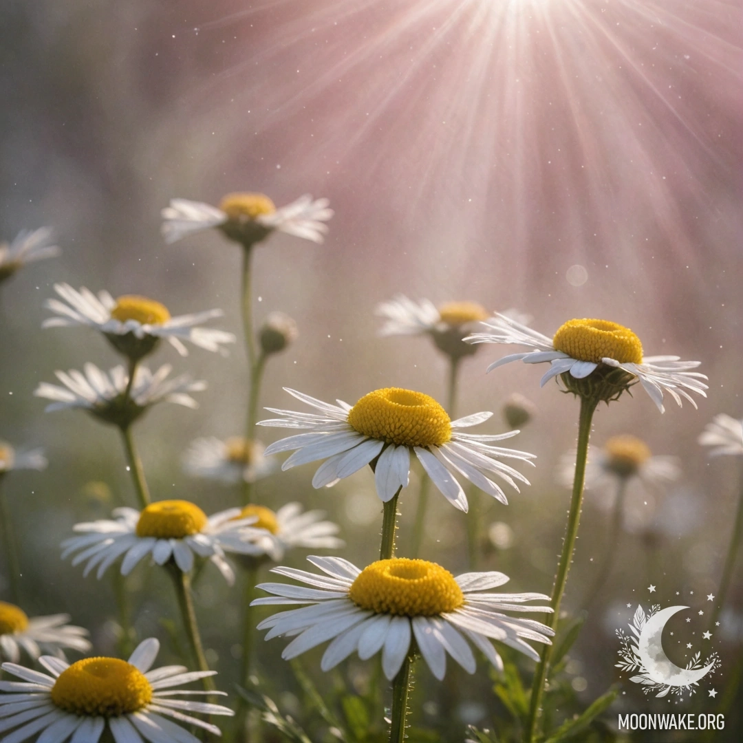 Поле нежных ромашек, окутанных туманом и озарённых солнечными лучами.