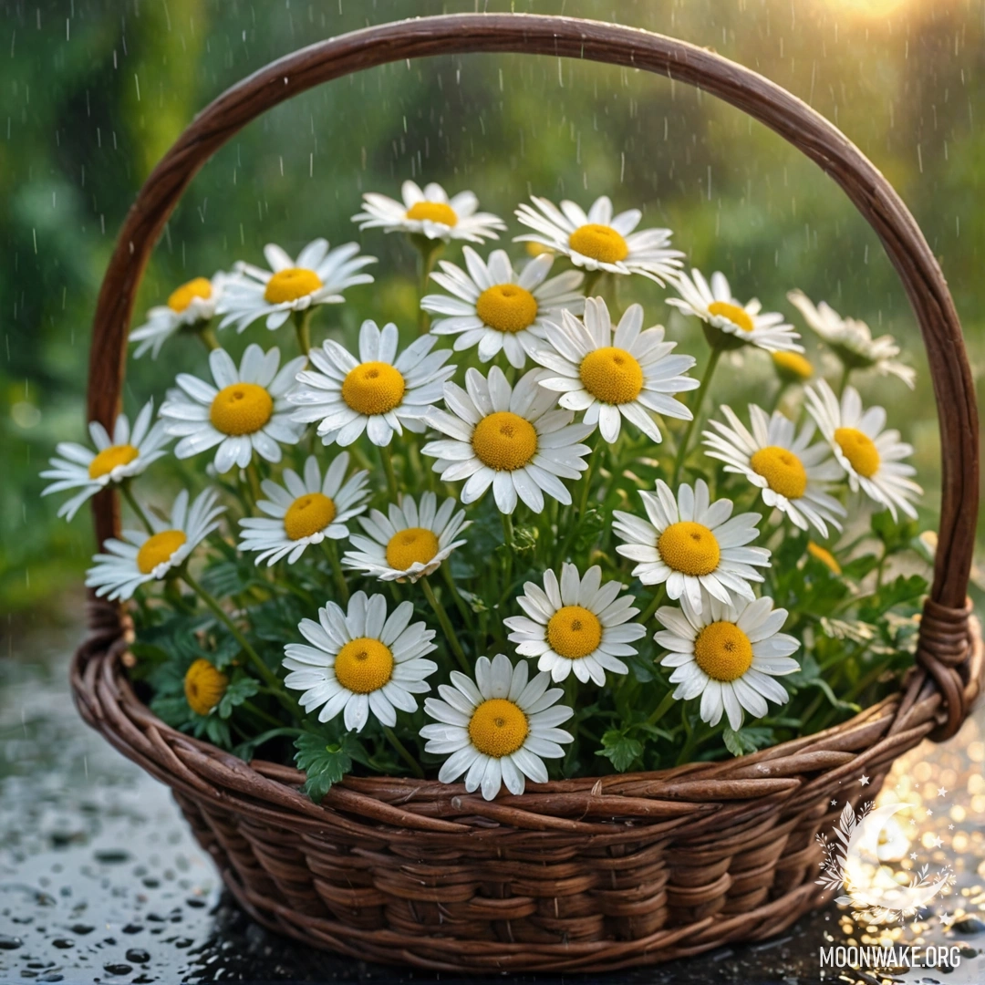 Корзина, наполненная ромашками, в тумане под дождем на закате.