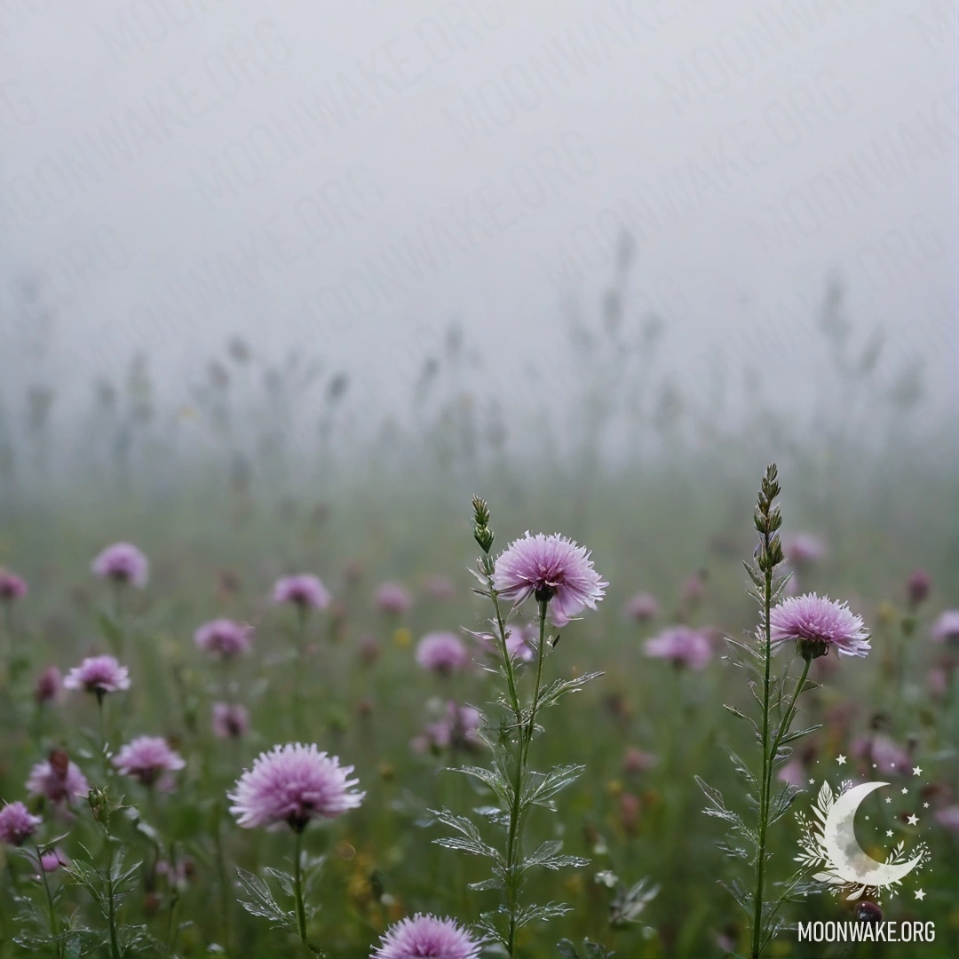 Крупный план нежных полевых цветов на фоне размытого неба, окутанного плотным туманом.