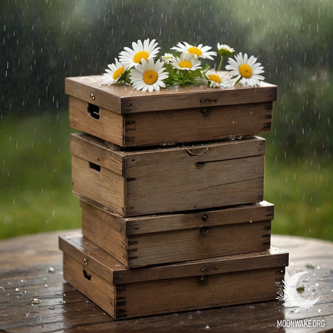 Две потёртые деревянные коробки, сложенные друг на друга, с ромашками сверху под дождем.