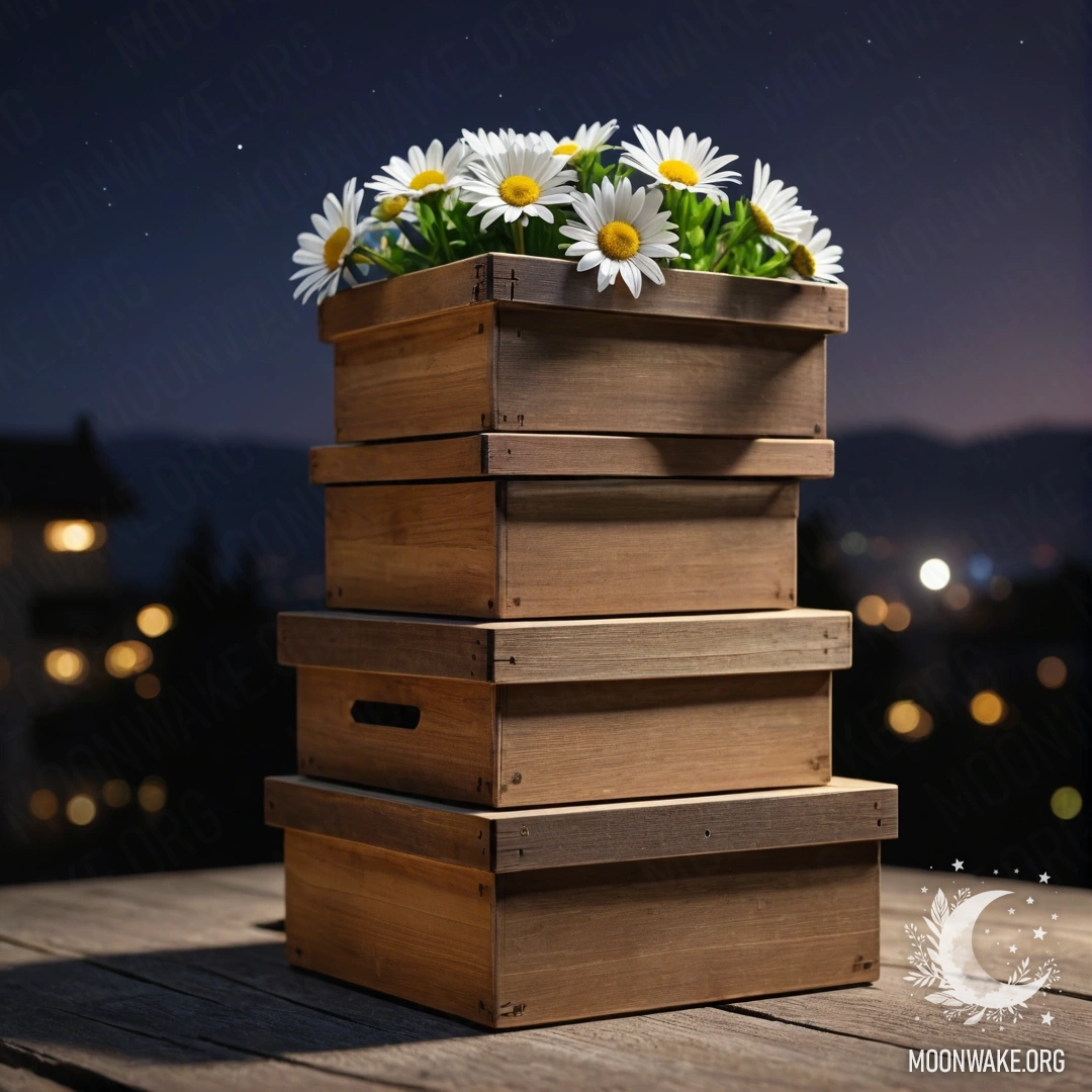 Стопка потертых деревянных коробок, украшенных ромашками ночью.
