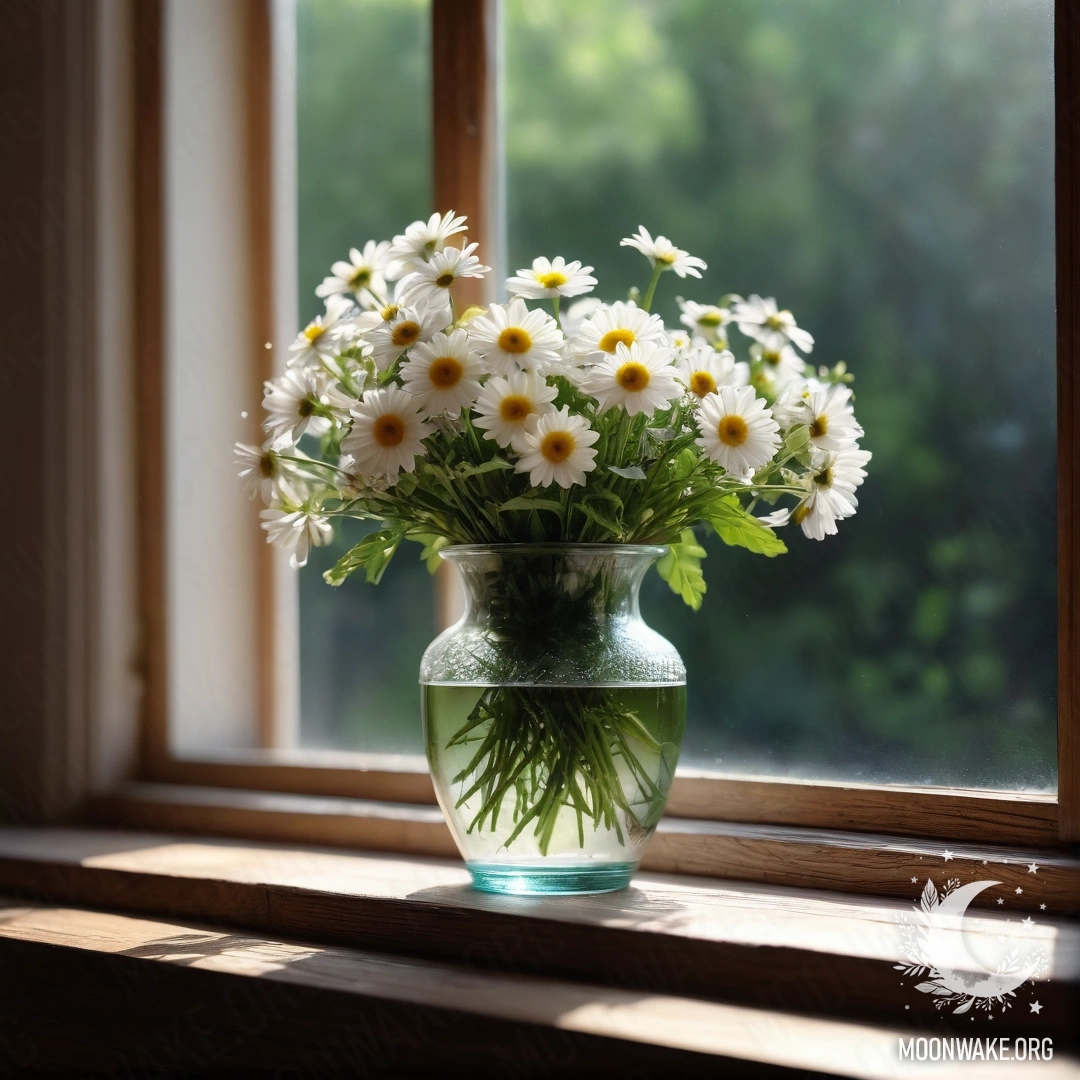 Стеклянная ваза с ромашками стоит на деревянном винтажном подоконнике, украшенном гирляндами света.