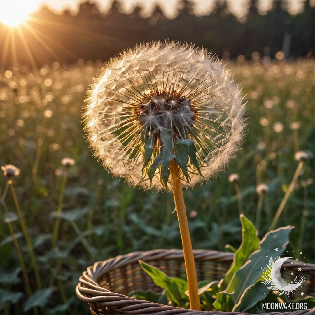 Корзина, наполненная одуванчиками на фоне заката.