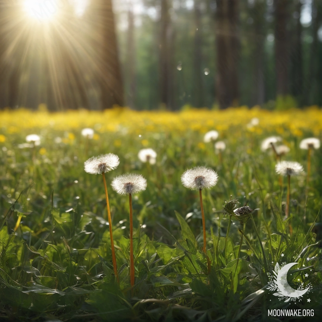 Крупный план одуванчиков на романтическом поле с размытым фоном леса и солнечными лучами.