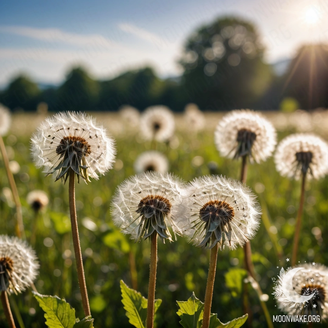 Крупный план одуванчиков на солнечном поле на фоне боке неба.