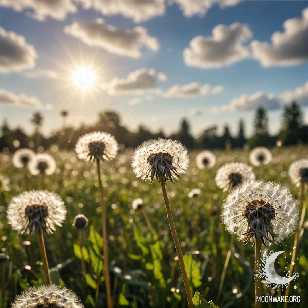 Крупный план одуванчиков в романтическом поле на фоне размытого неба с облаками и бликами света