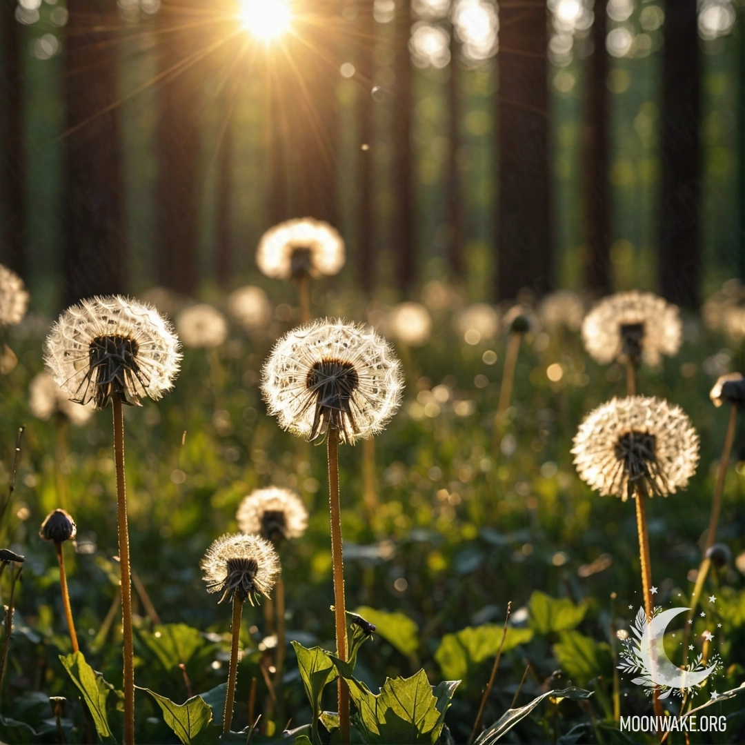 Крупный план одуванчиков, освещенных солнечными лучами в ночном лесу