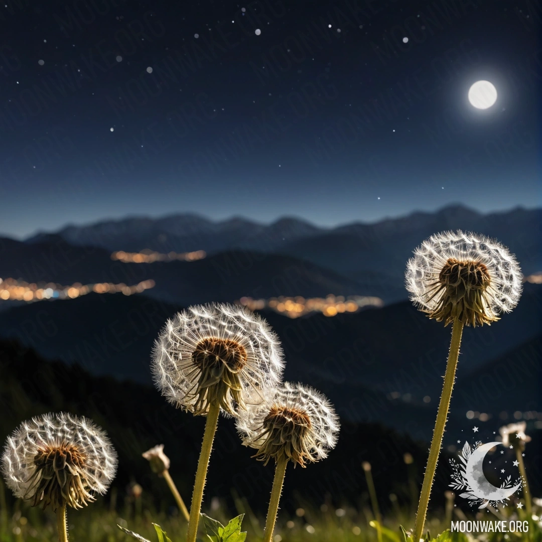 Крупный план одуванчиков на фоне размытых гор ночью.