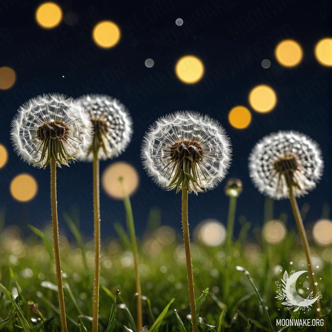 Крупный план одуванчиков в поле под размытым ночным небом.